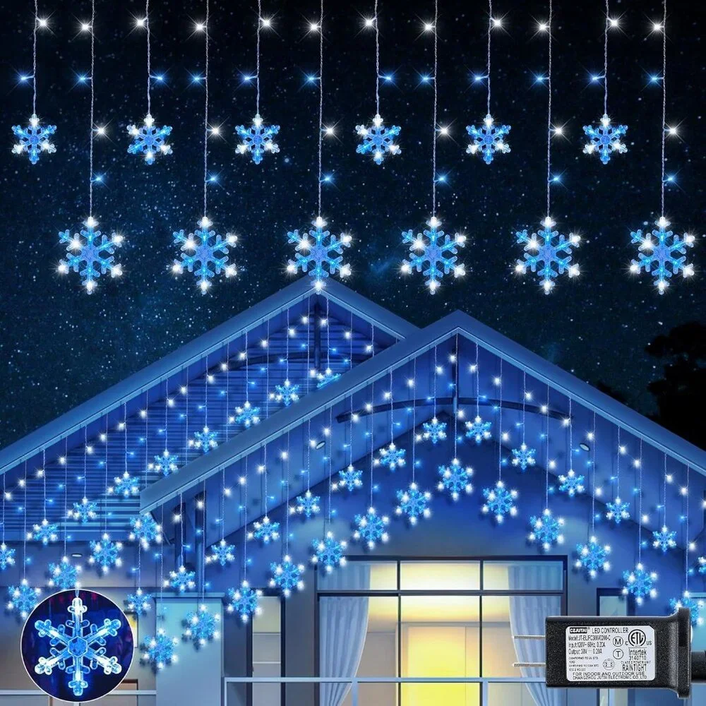 Elegant 6.5ft Christmas Snowflake Icicle Lights - 144LEDs, 12 Drops, Waterproof
